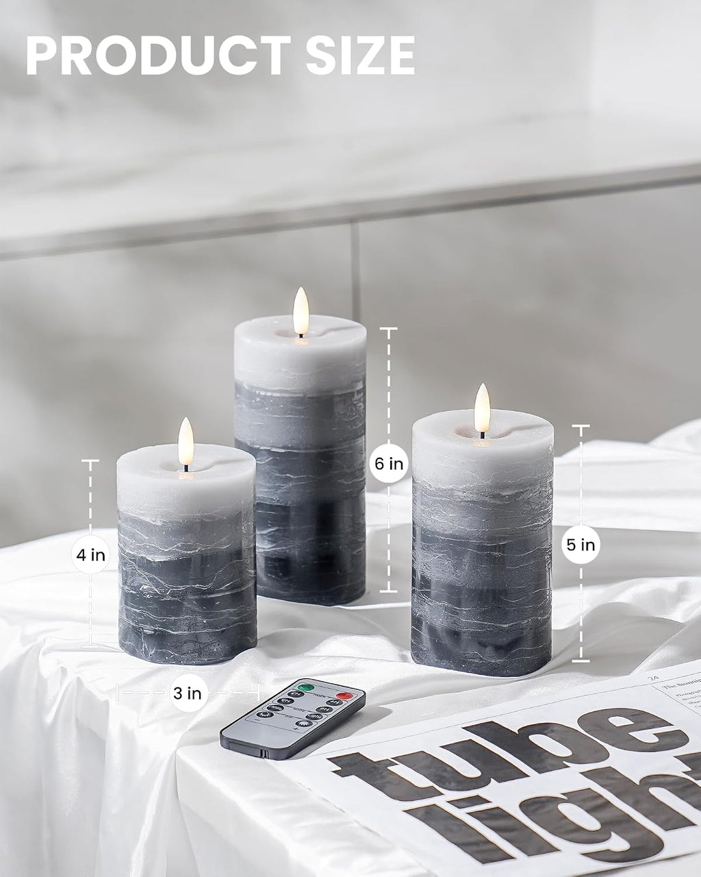 Stmarry Distressed Gradient Gray Flameless Candles with Remote and Timer, Real Wax Made LED Pillar Candles Battery Operated with 3D Flickering Flame - 3" x 4", 3" x 5", 3" x 6" - Set of 3