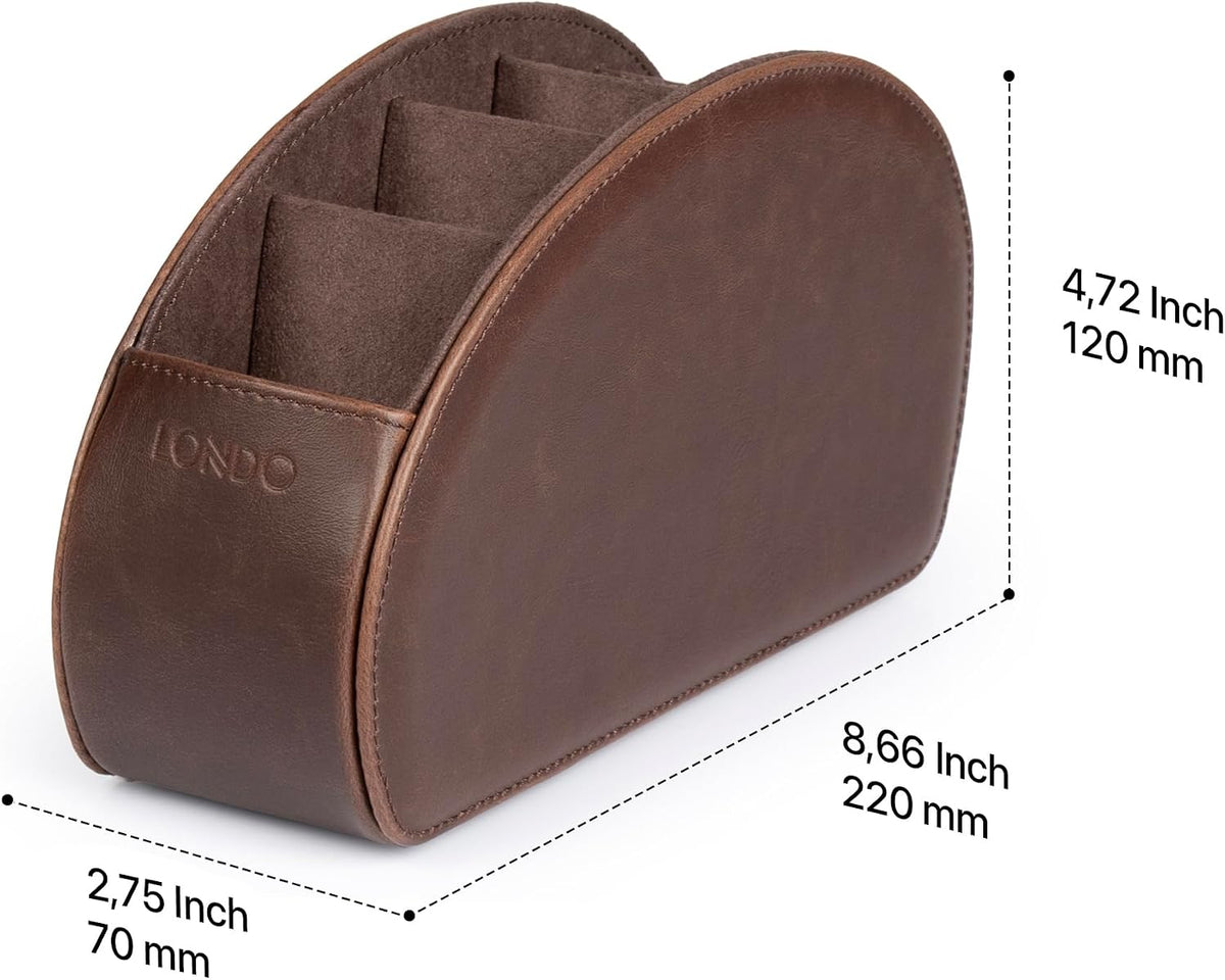 Londo PU Vegan Leather Remote Control Holder with 5 Pockets, Nightstand Caddy & Bedside Organizer for TV, DVD, Blu-Ray, Roku, Apple TV Remotes, Phones, Glasses — Suede Lined Gift for Dad, Dark Brown