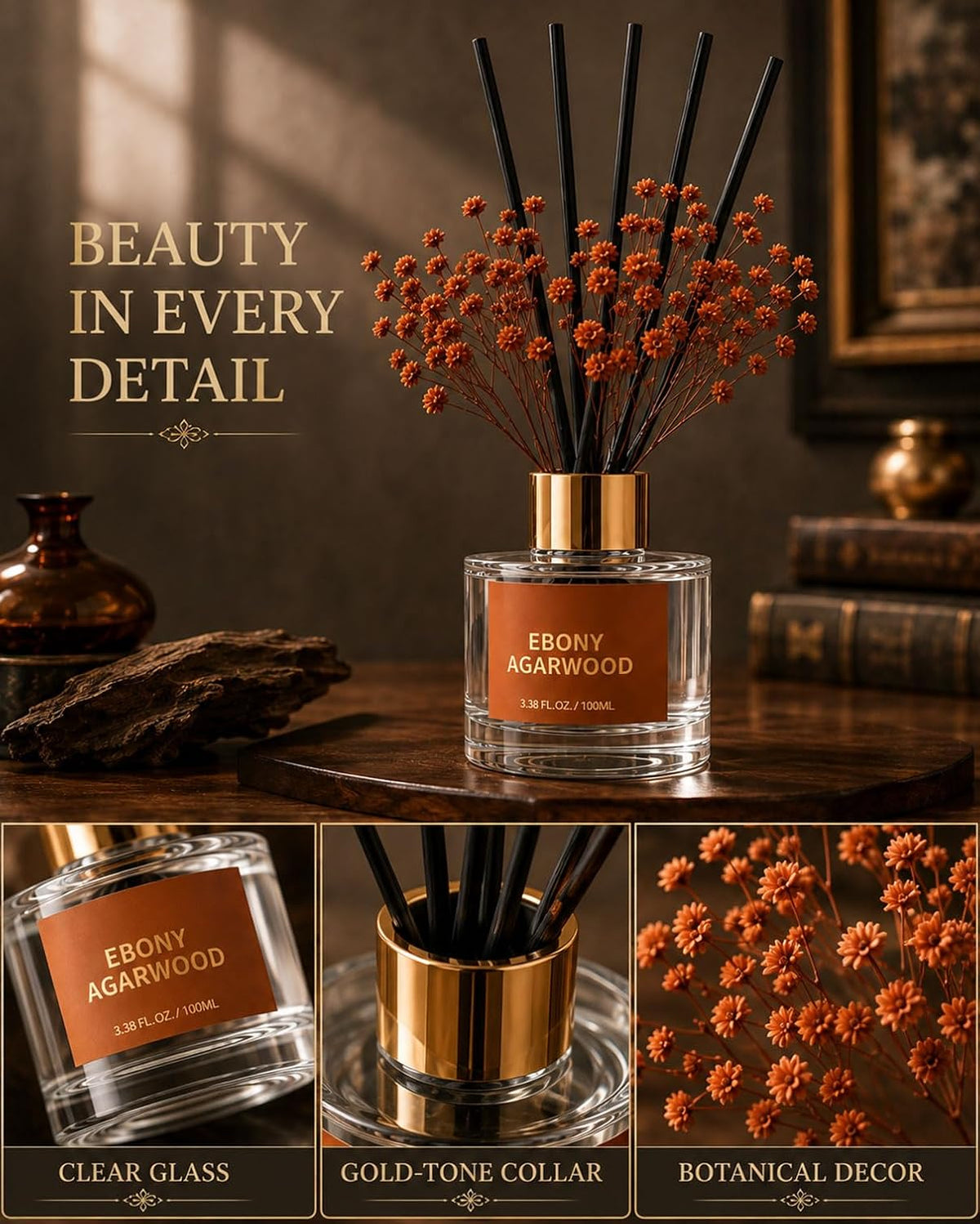 Reed Diffuser Set, Ebony Agarwood, 3.38 fl oz with 6 Sticks