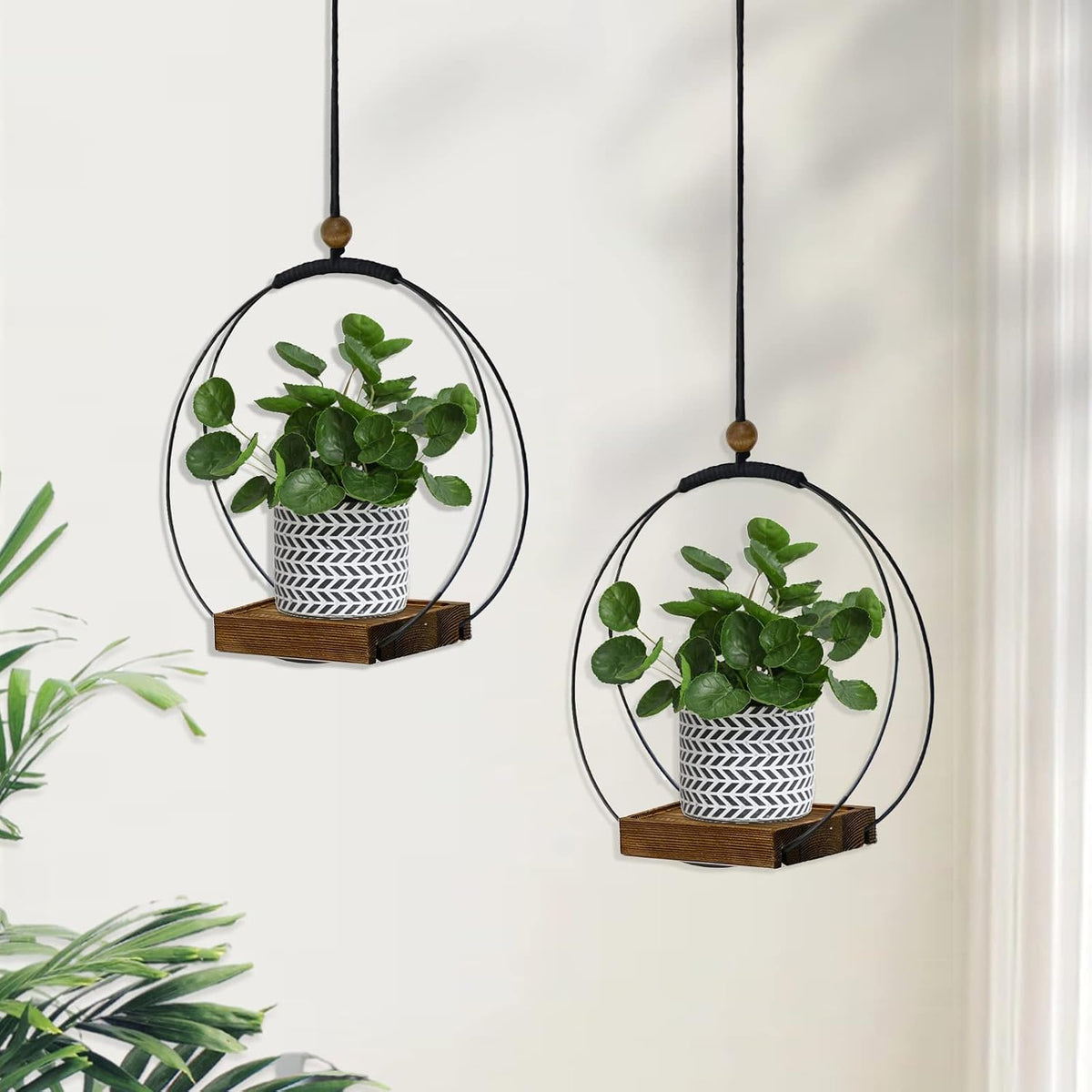 hismocal 2 Pack Hanging Planter for Indoor Plants, Black Plant Hanger with Sturdy Wood Base, Modern Boho Macrame Hanger, Wall Ceiling Window Planter (Plants/Pots Not Included)