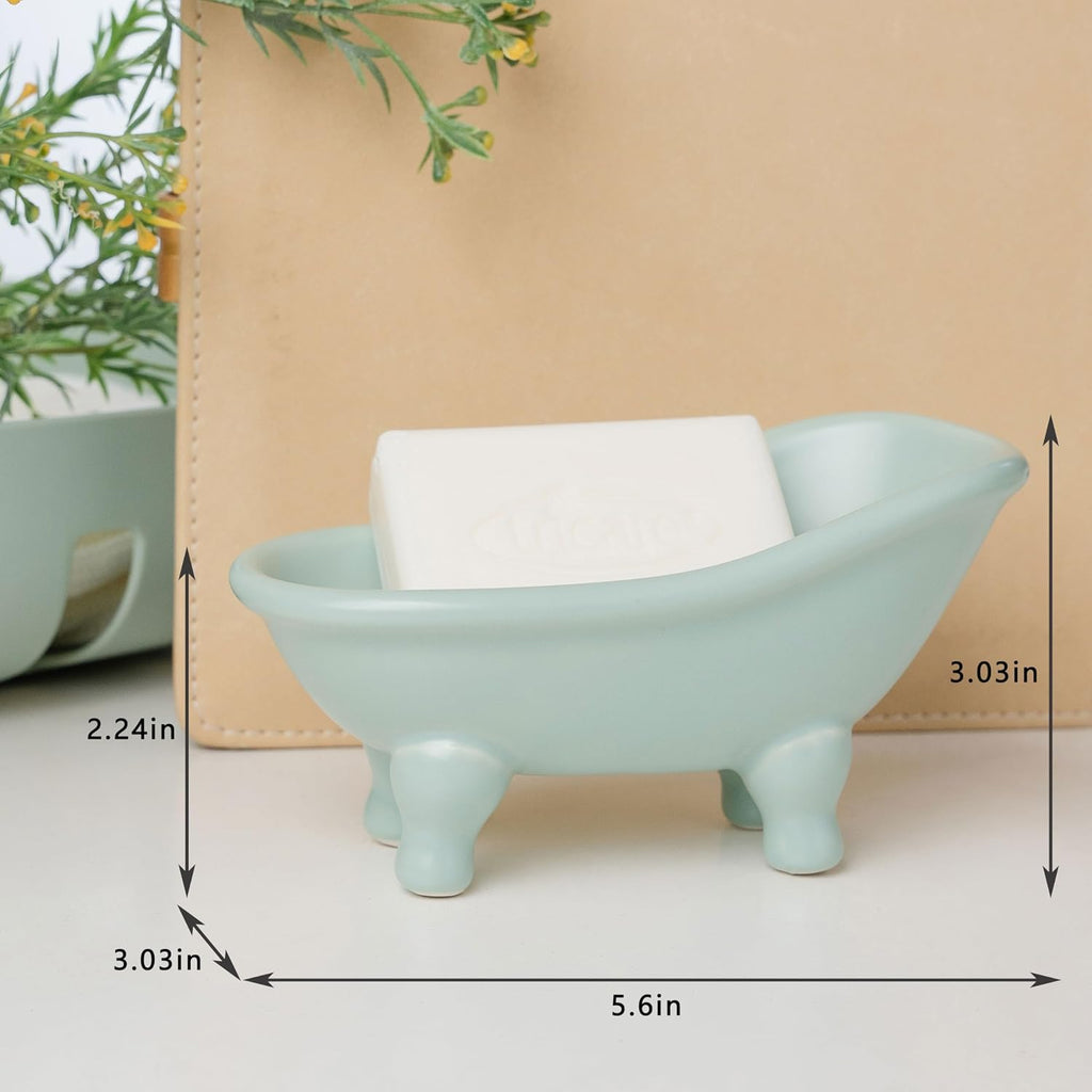 Soap Dish, Ceramic Soap Holder with Drainage for Shower, 1 Pack Bar Soap Tray, Keep Soap Dry & Easy Clean, Sponge Holder for Bathroom, Bathtub Kitchen Sink (Green)