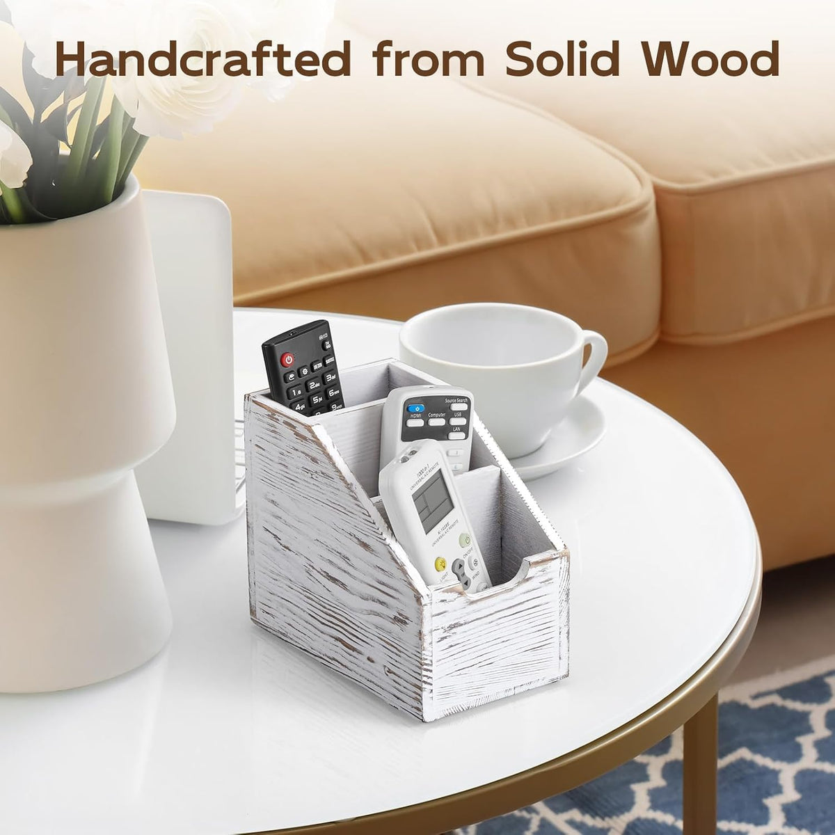 Remote Control Holder, TV Remote Holder, Wood Farmhouse Remote Caddy for Table, Remote Organizer Caddy with 3 Slots, Remote Storage Box for Home Office, Rustic White