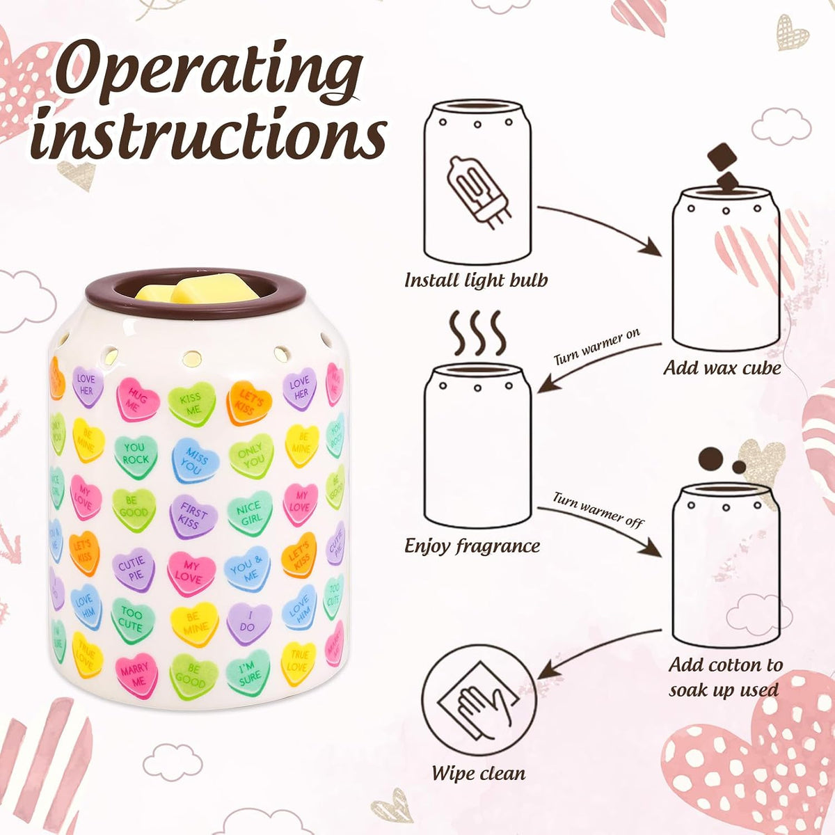 FYSUIMU Valentine' s Day Wax Melt Warmer Scented Candle Melter Candy Color Conversation Heart Electric Burner with Light Bulb for Women Gifts Home Decorations