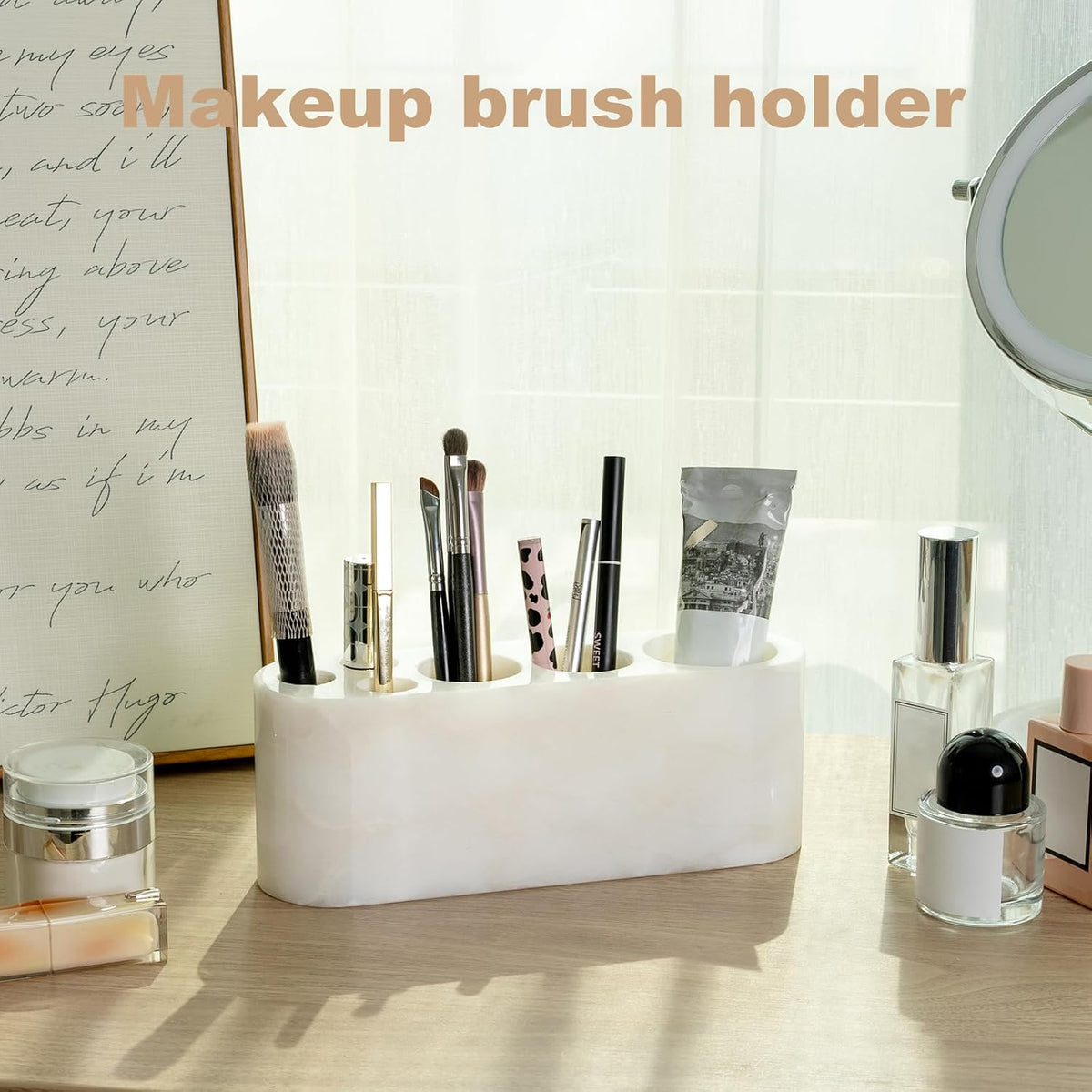 BCS Toothbrush Holder for Bathrooms, 6 Slots Open-Bottom Marble Toothbrush and Toothpaste Holder Stand Bathroom Organizer Countertop for Electric Toothbrush, Floss, Razor, Comb - Karibib Ice