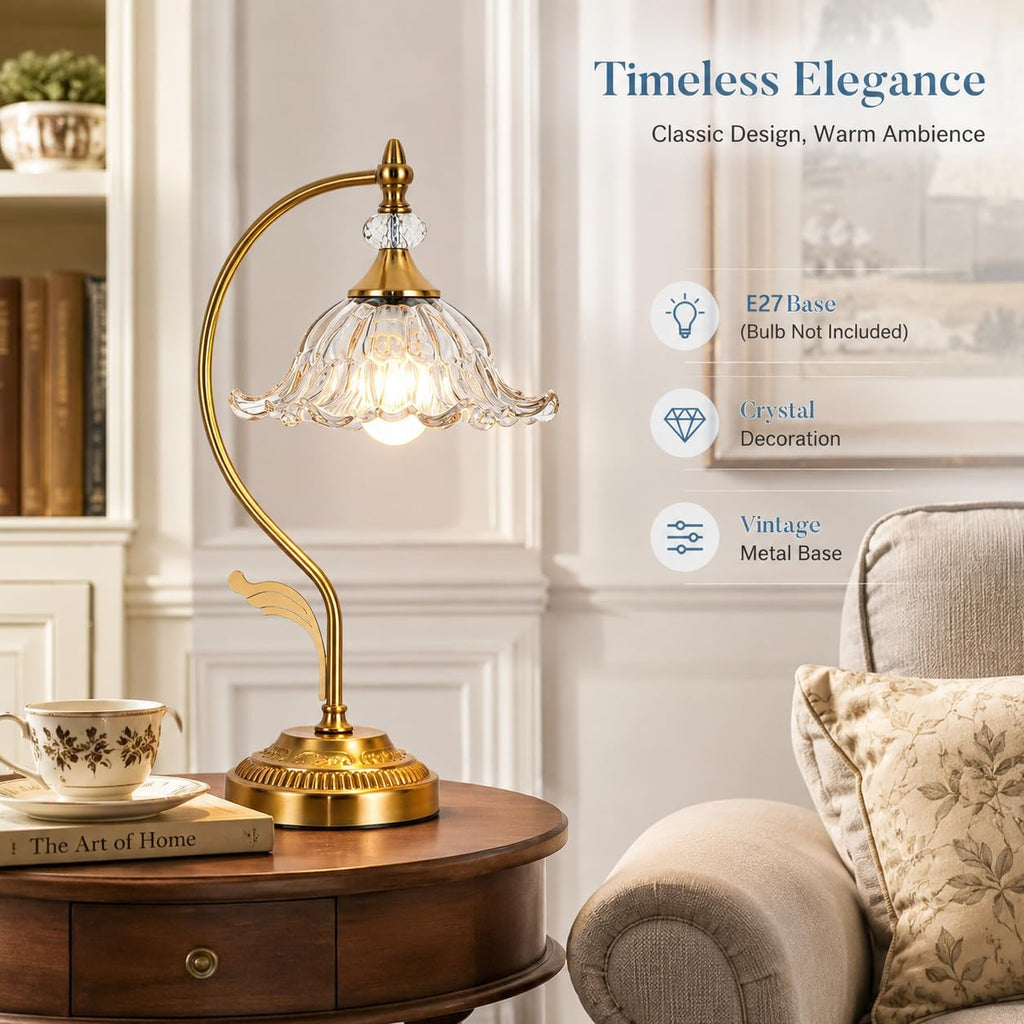 Vintage Floral Table Lamp, Plug in Mid-Century Modern Desk Lamp with Transparent Glass Shade, Gold Bedside Table Lamp Dimmable for Bedroom Living Room Home Office, E26 Base, UL Listed