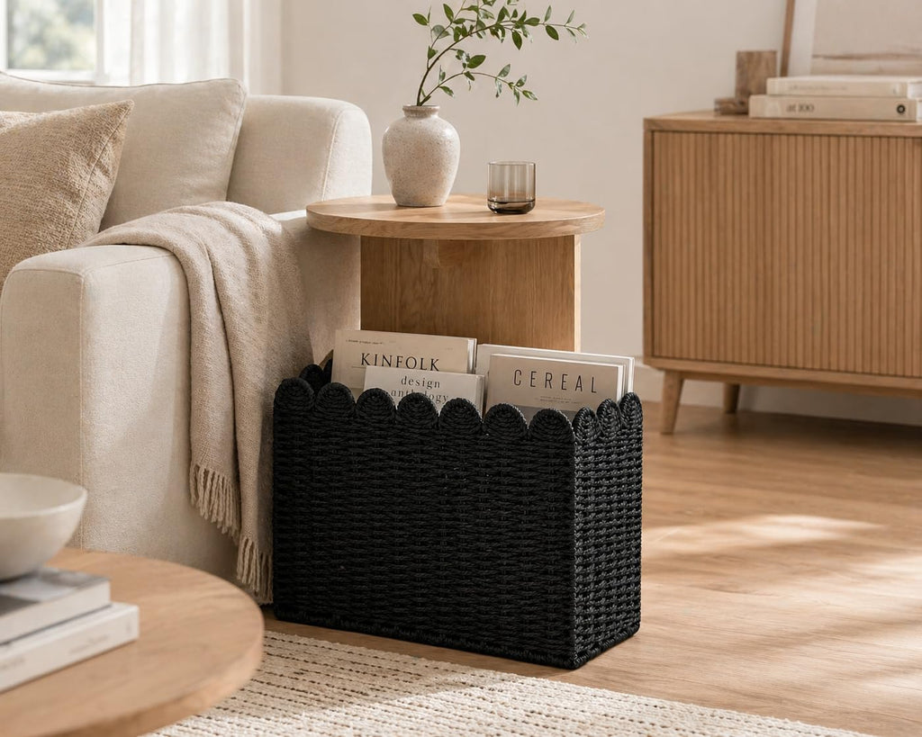 Black Paper Rope Magazine Holder, Scalloped Magazine Basket