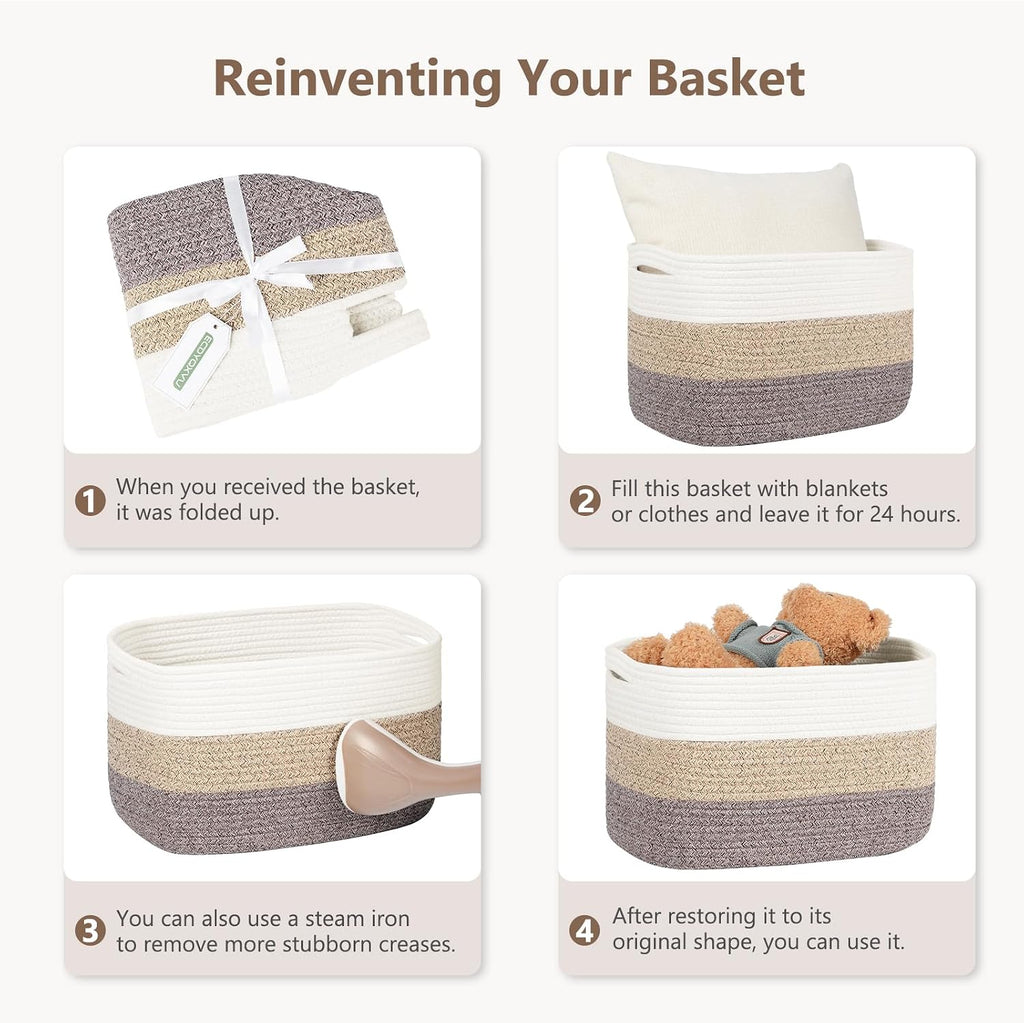 ECDYQXVU 15x10x9 Woven Cotton Rope Storage Basket, Leather Handles 1 Pack