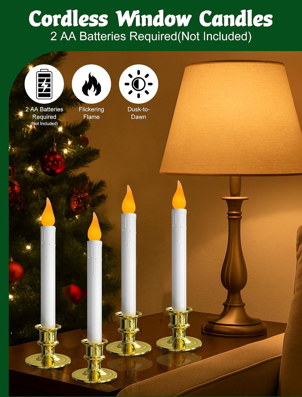 4-Pack Flameless Window Candles Battery Operated with Timer,3D Flickering Flame, Battery Operated LED Candlesticks with Suction Cups for Christmas Holiday Home Window Decor