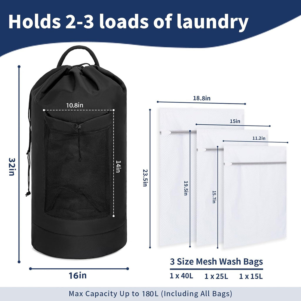 180L Laundry Bag Backpack with 3 Sizes Mesh Wash Bags and Shoulder Straps