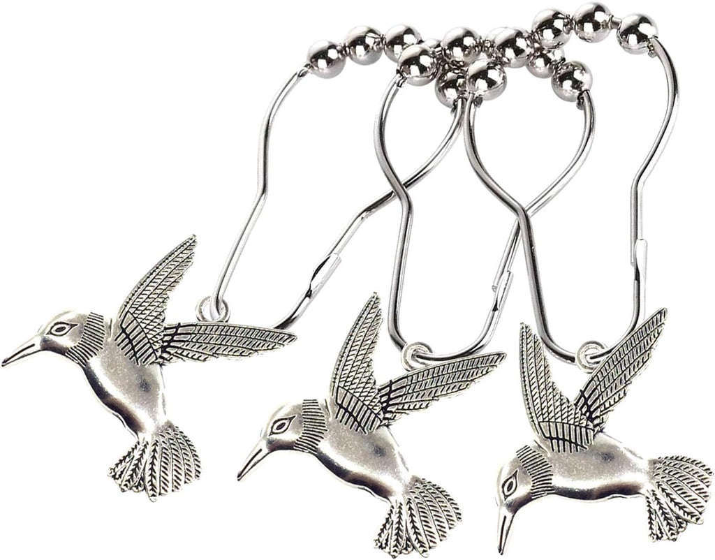 Hummingbird Shower Curtain Hooks Rings Bird Garden Nature Spring Theme Decoration Stainless Steel Rustproof Set of 12 (Silver)