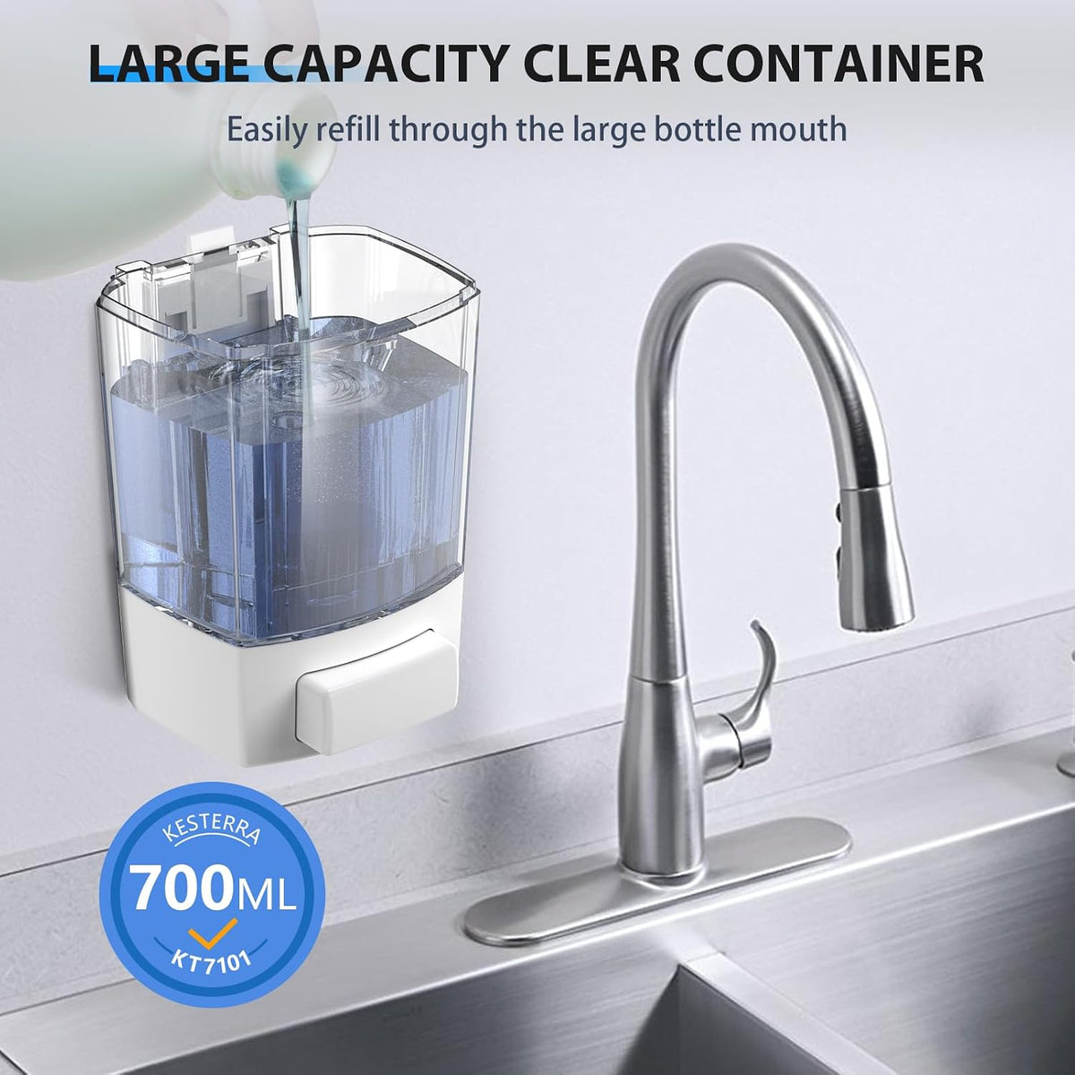 Manual Soap Dispenser, 23.7oz/700ml Wall Mount Soap Dispenser, Large Capacity Kitchen Bathroom Hand Soap Pump, Commercial Refillable Shampoo Shower Gel Lotion Dispenser, White