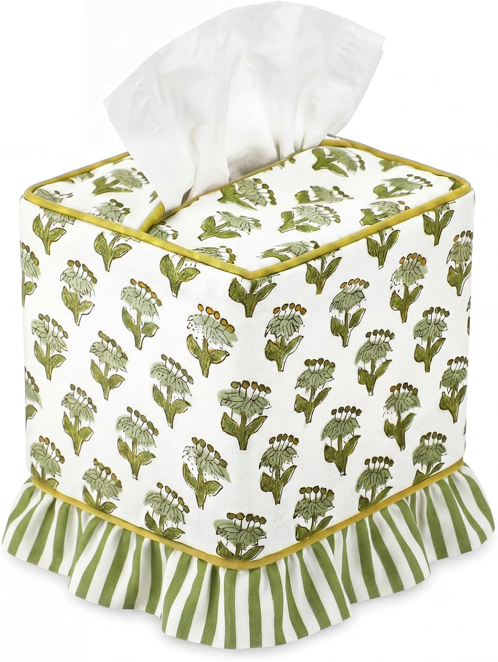 Emerald Green Floral Ruffle Tissue Box Cover Block Printed