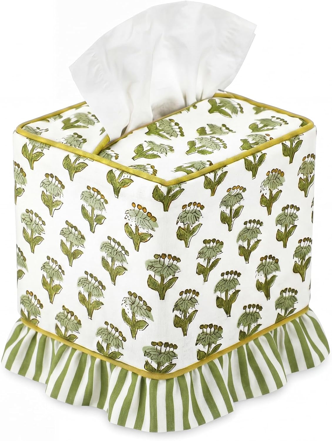 Emerald Green Floral Ruffle Tissue Box Cover Block Printed