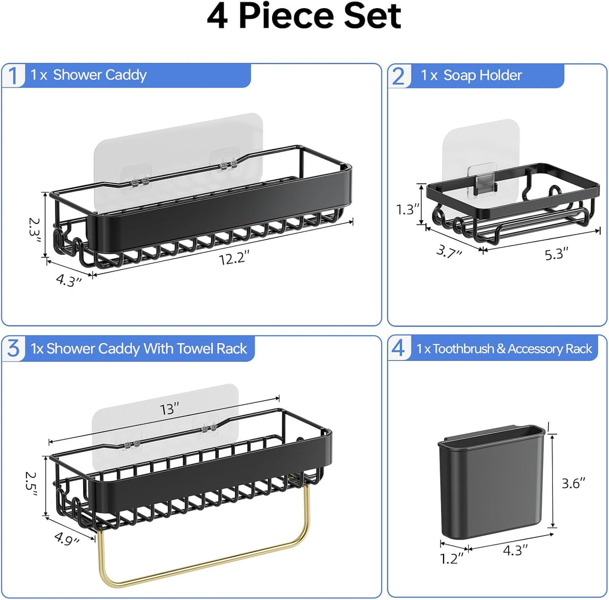 KINGRACK Shower Caddy Adhesive 4-Piece Rust-Resistant Shower Shelves, No-Drill Bathroom Shower Organizer with Large Capacity for Bathroom, Kitchen, and Laundry,Black