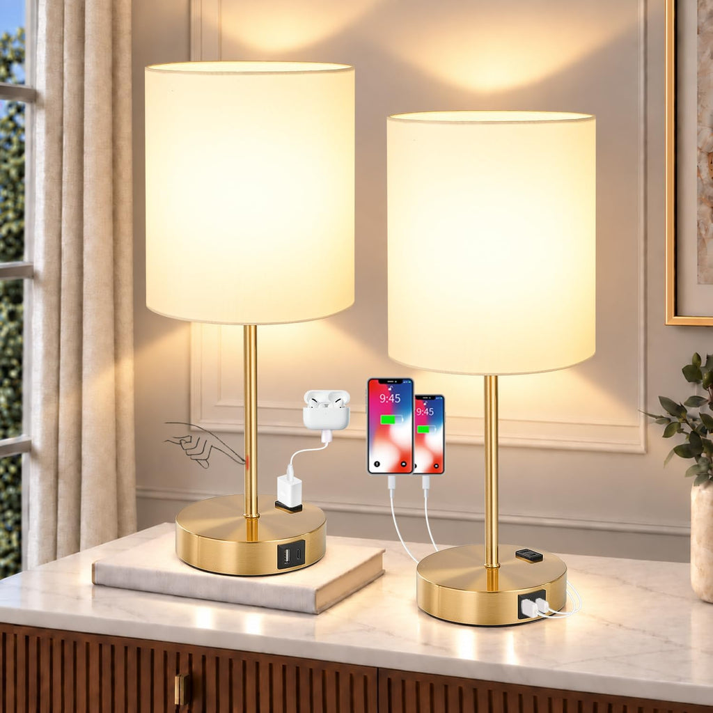 Lynnoland 2 Pack Touch Control Table Bedside Lamps with 2 USB & AC Outlet, 3-Way Dimmable Bedside Nightstand Lamps for Bedroom Living Room Nursery, 800 Lumens 3000K Warmlight Bulbs Included