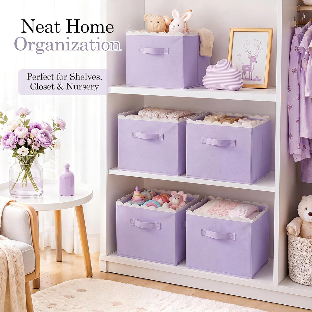 Yalikop 6 Pcs Purple Scalloped Cube Storage Bins 11 Inch Fabric Basket