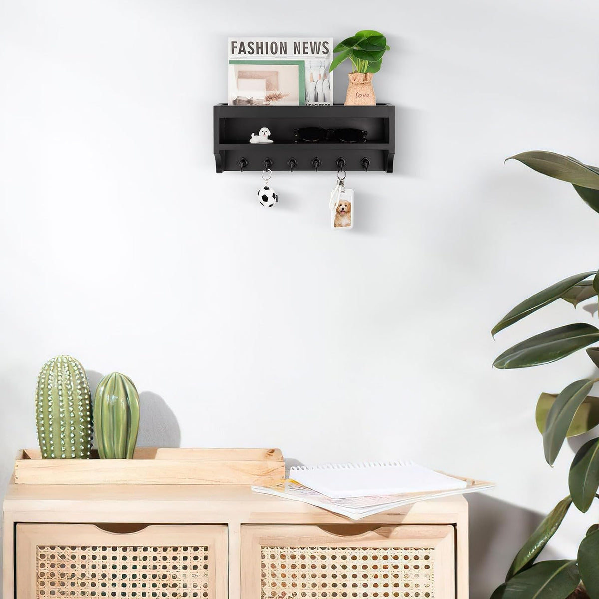 Nekon Key Holder Wall Mount, Pine Wooden Mail Organizer, Black