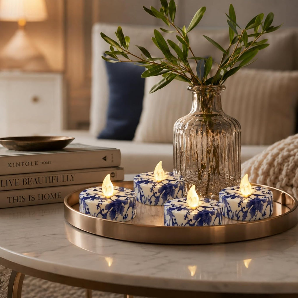 Flameless Tea Lights with Remote & Timer, 12 Pack Blue and White Floral LED Tealight Candles, Battery Operated Dimmable Flickering Lights for Wedding Home Decor