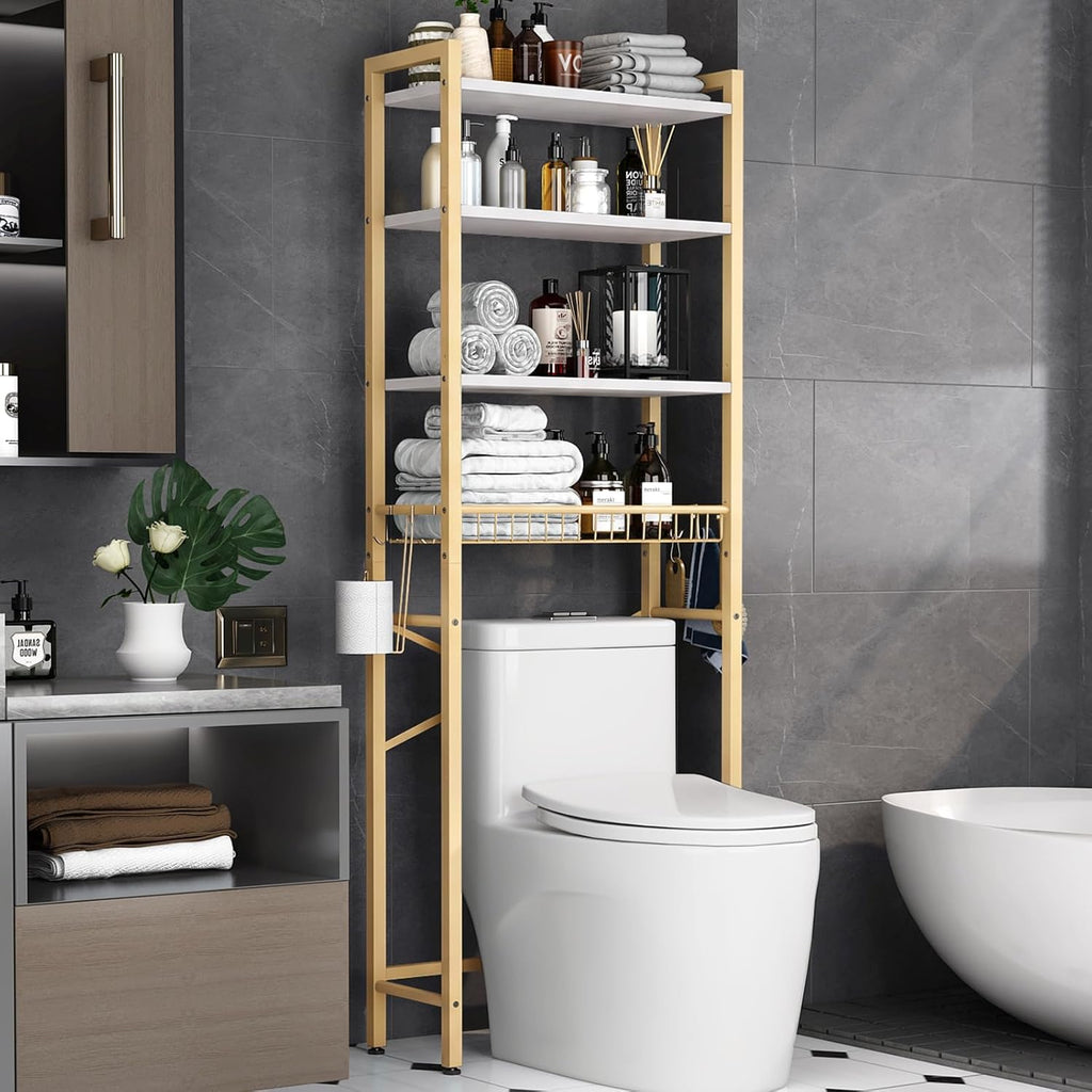 Kalrin Over-The-Toilet Storage Rack, 4-Tier Bathroom Organizer Shelf Over Toilet with Adjustable Shelf and Basket, Freestanding Space Saver Bathroom Shelves Above Toilet for Room (MetalWood-White)