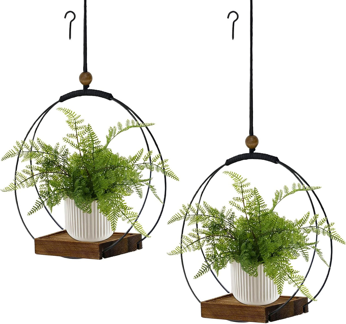hismocal 2 Pack Hanging Planter for Indoor Plants, Black Plant Hanger with Sturdy Wood Base, Modern Boho Macrame Hanger, Wall Ceiling Window Planter (Plants/Pots Not Included)
