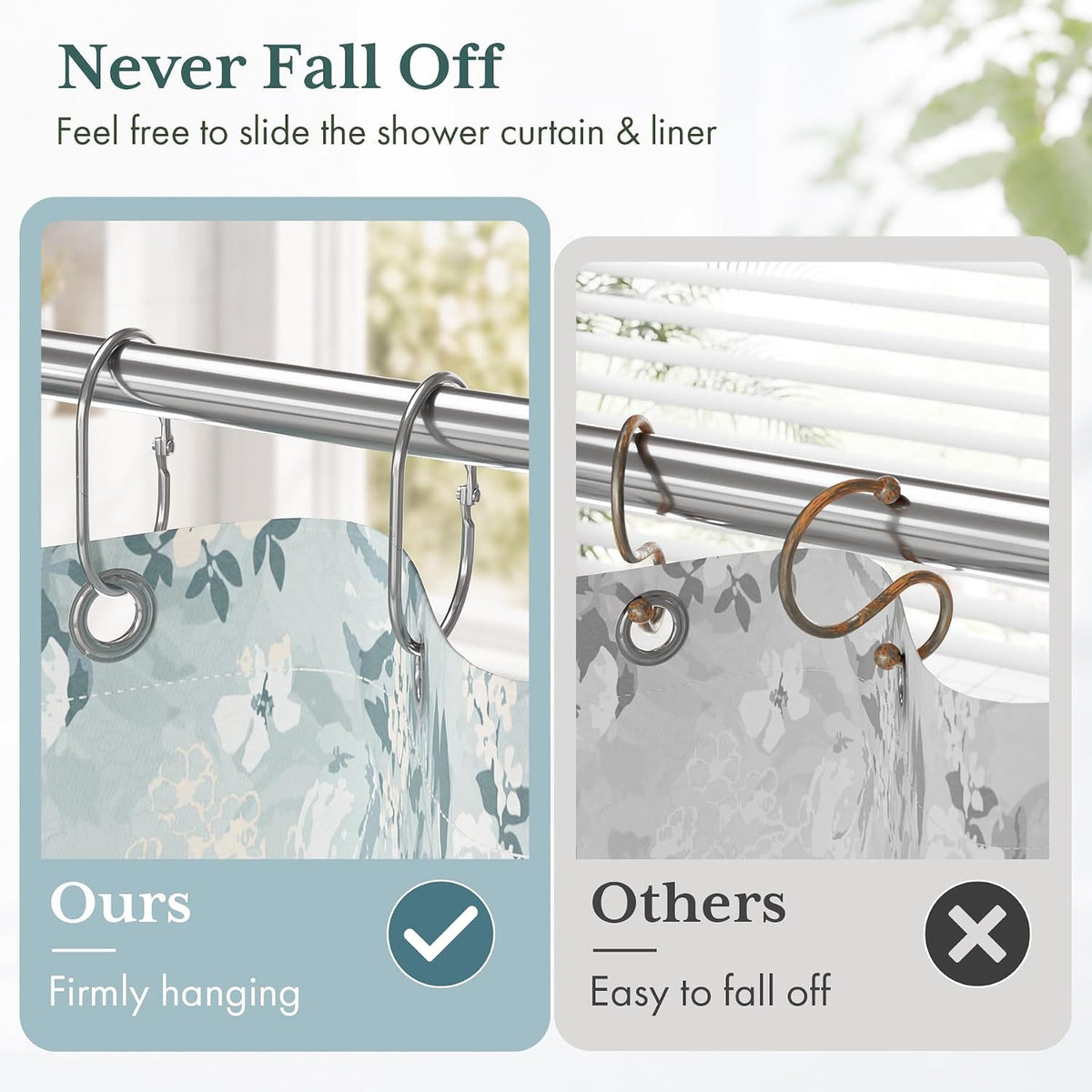 Bathway Shower Curtain Rings, Shower Curtain Hooks Chrome Shower Rings Rust Proof, Anti-Drop Shower Rings for Curtain, 12Pcs Shower Hooks for Shower Curtain Rod Oval Bathroom Curtain Rings