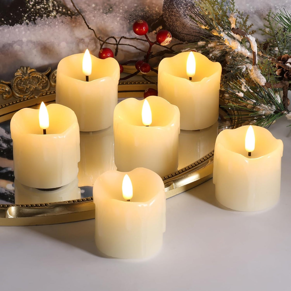 Eywamage Ivory Dripping Wax Flameless Votive Candles with Timer Batteries