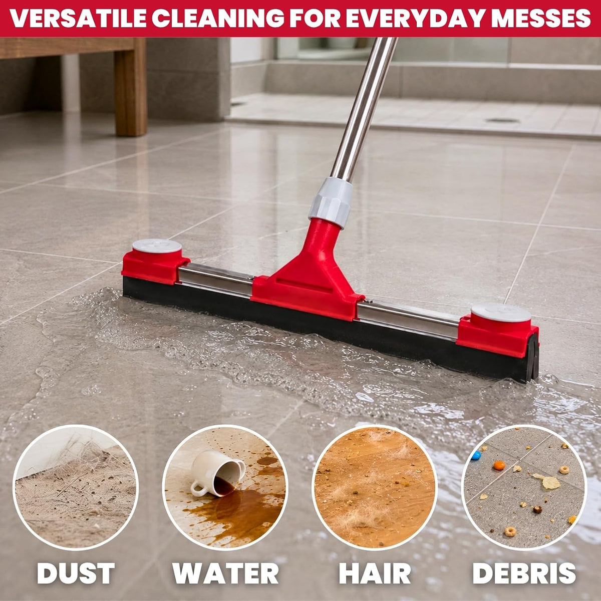 Floor Squeegee Scrubber with Extendable 62" Long Handle