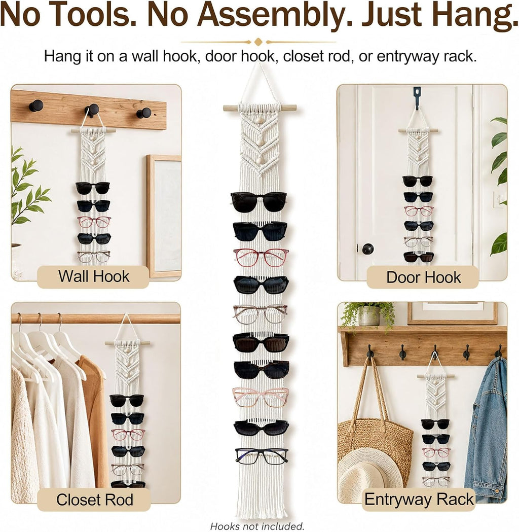 Macrame Sunglasses Holder for Wall, Boho Eyeglasses Organizer Holds Up to 10 Pairs, Handwoven Cotton Rope Glasses Display Rack with Wood Rod, Space-Saving Sunglass Storage for Bedroom Closet Entryway