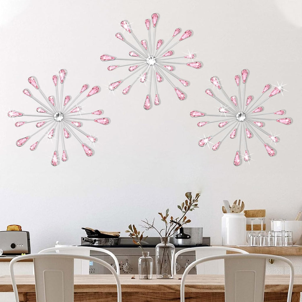 SIYIKRYP Set of 3 Pink Crystal Starburst Wall Decor, 11.8 Inch Modern Metal Sparkling Teardrop Diamond Wall Art, Glam Bling Hanging for Living Room Bedroom Bathroom Home Decor