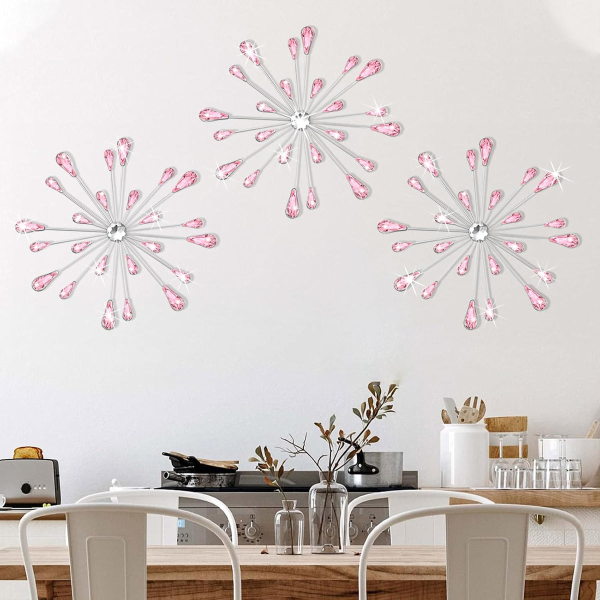 SIYIKRYP Set of 3 Pink Crystal Starburst Wall Decor, 11.8 Inch Modern Metal Sparkling Teardrop Diamond Wall Art, Glam Bling Hanging for Living Room Bedroom Bathroom Home Decor