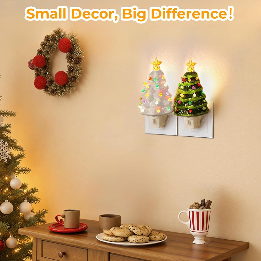Brightever 2 Packs Christmas Night Light for Bedroom, Vintage Christmas Decor Tree Lights with On/Off Switch, Multicolor LED Lights, 360 Swivel Plug, Xmas Decorations for Home Bathroom - Green/White