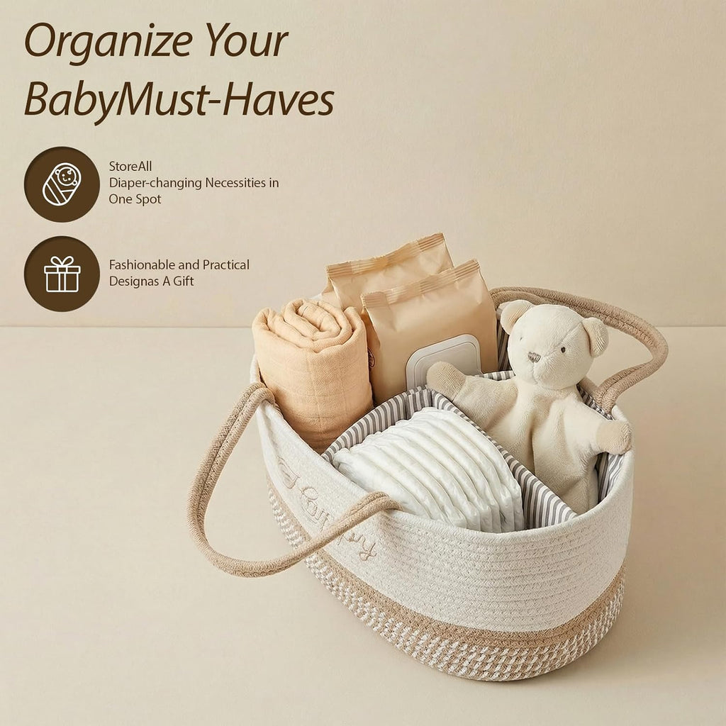 DUHEL Diaper Caddy Organizer with Handle(White Khaki-Happy)