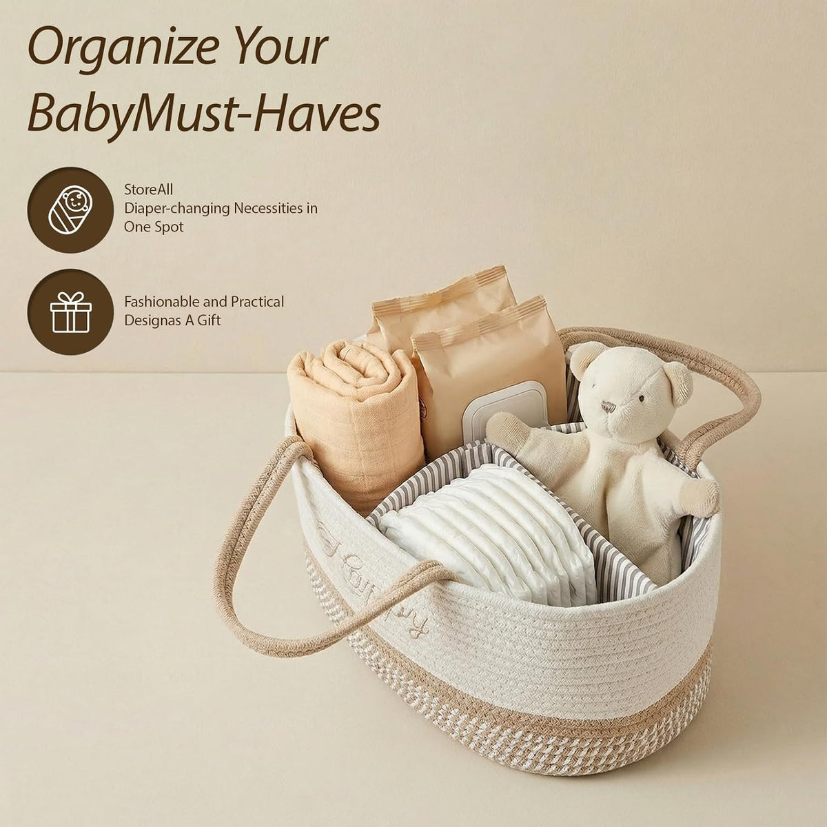 DUHEL Diaper Caddy Organizer with Handle(White Khaki-Happy)