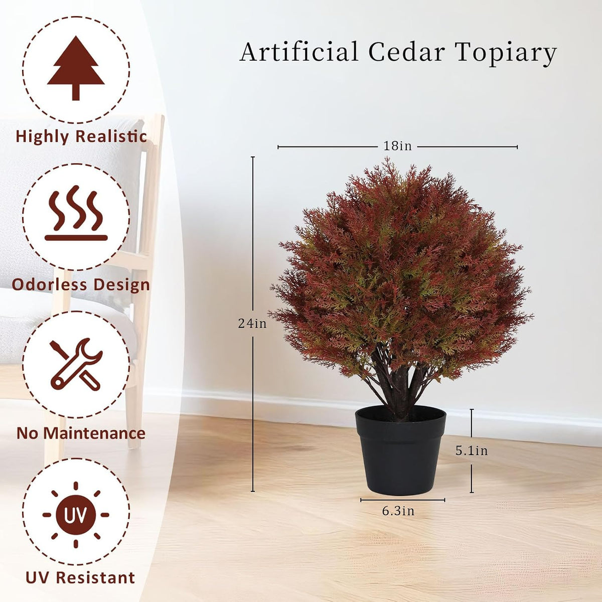 24" Artificial Cedar Ball Plants Outdoor, Fall Topiary Trees