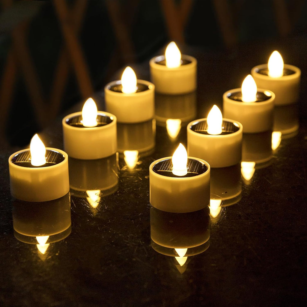 Solar Tea Lights Outdoor Waterproof, 8pcs Rechargeable Dusk to Dawn Little Solar Votive Candles, Flameless Flickering Small Light for Lantern Window DIY Chandelier Patio Deck Garden Decor (Warm White)