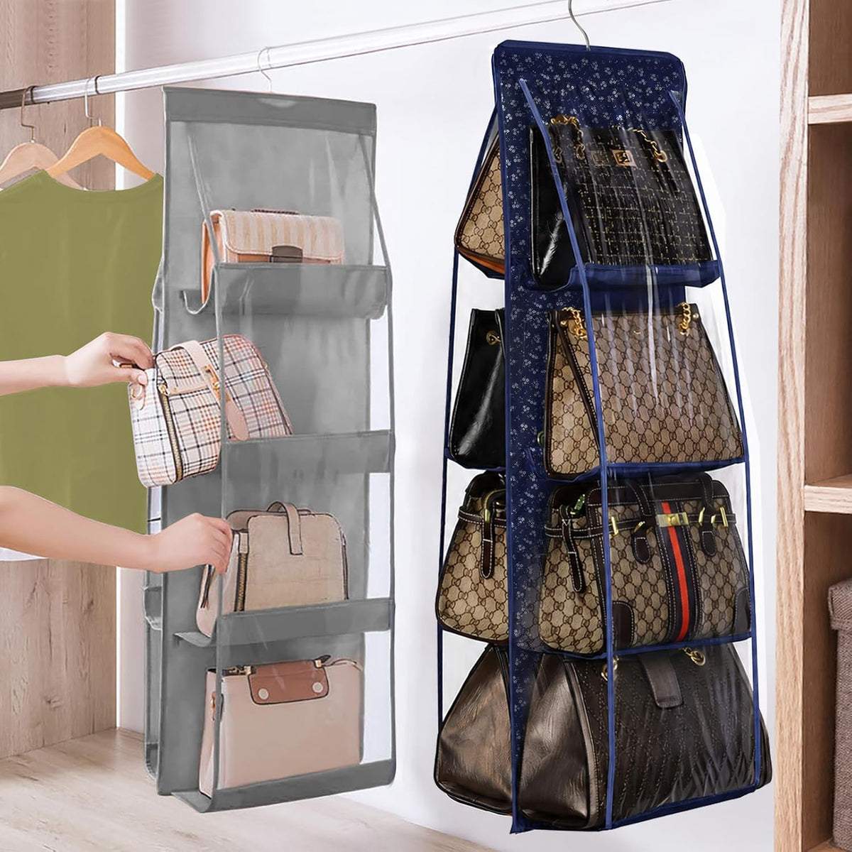 Lirex Handbag Hanging Purse Organizer for Closet, 8 Pocket Handbag Storage Organizer Hanger Oxford Cloth Closet Organizer for Family Closet Bedroom, Foldable and Universal Fit, Blue White Floral