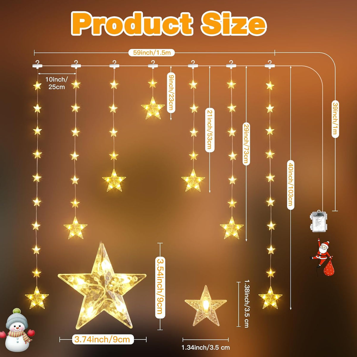 74 LEDs Christmas Window Lights with 46 Stars, IP65 Waterproof, Warm White