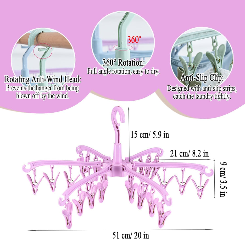 Clothes Drying Hanger with 24 Clips,Foldable Hanging Rack 2 PCS
