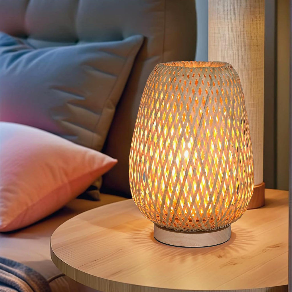 Rattan Table Lamp, Boho Bamboo Woven Small Beside Lamp, Vintage Wicker Wooden Nightstand Lights, End Table Lamp for Living Room Bedroom Desk, Kids Room