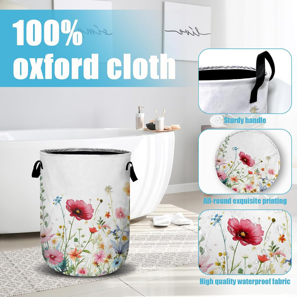Watercolor Wildflowers Laundry Basket, Floral Laundry Hamper Collapsible Oxford Cloth with Handle Clothes Storage Bin for Bathroom Laundry Room Bedroom 15.7 X 20 Inch