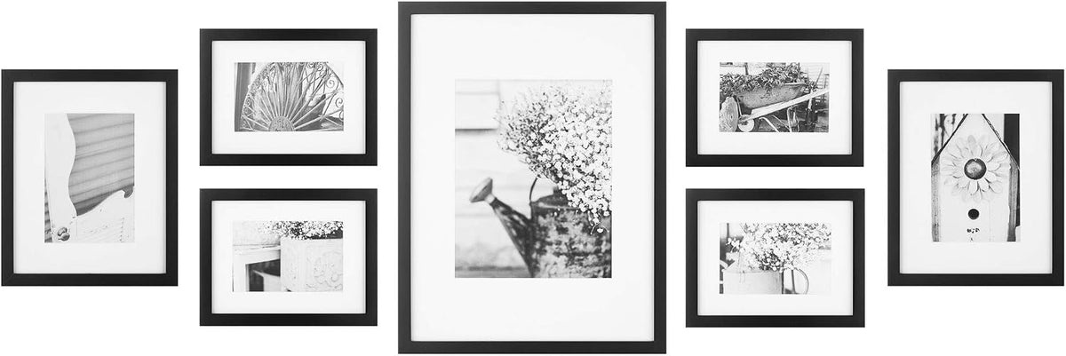 Gallery Perfect Multi-Size Picture Frame Set 7 Pack, Black Gallery Wall Frames with Hanging Hardware, Clear Glass - One 12x16, Two 8x10, Four 6x8 Matted Photo Frames for Wall Display