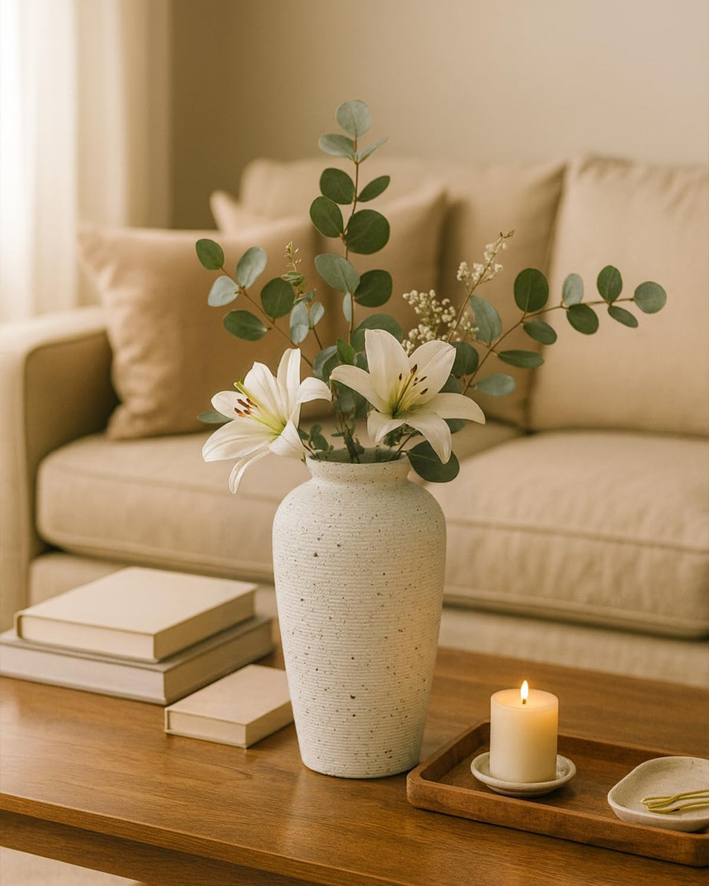 Large Beige Ceramic Vase, 11 Inch Ribbed Speckled Rustic Vase for Decor
