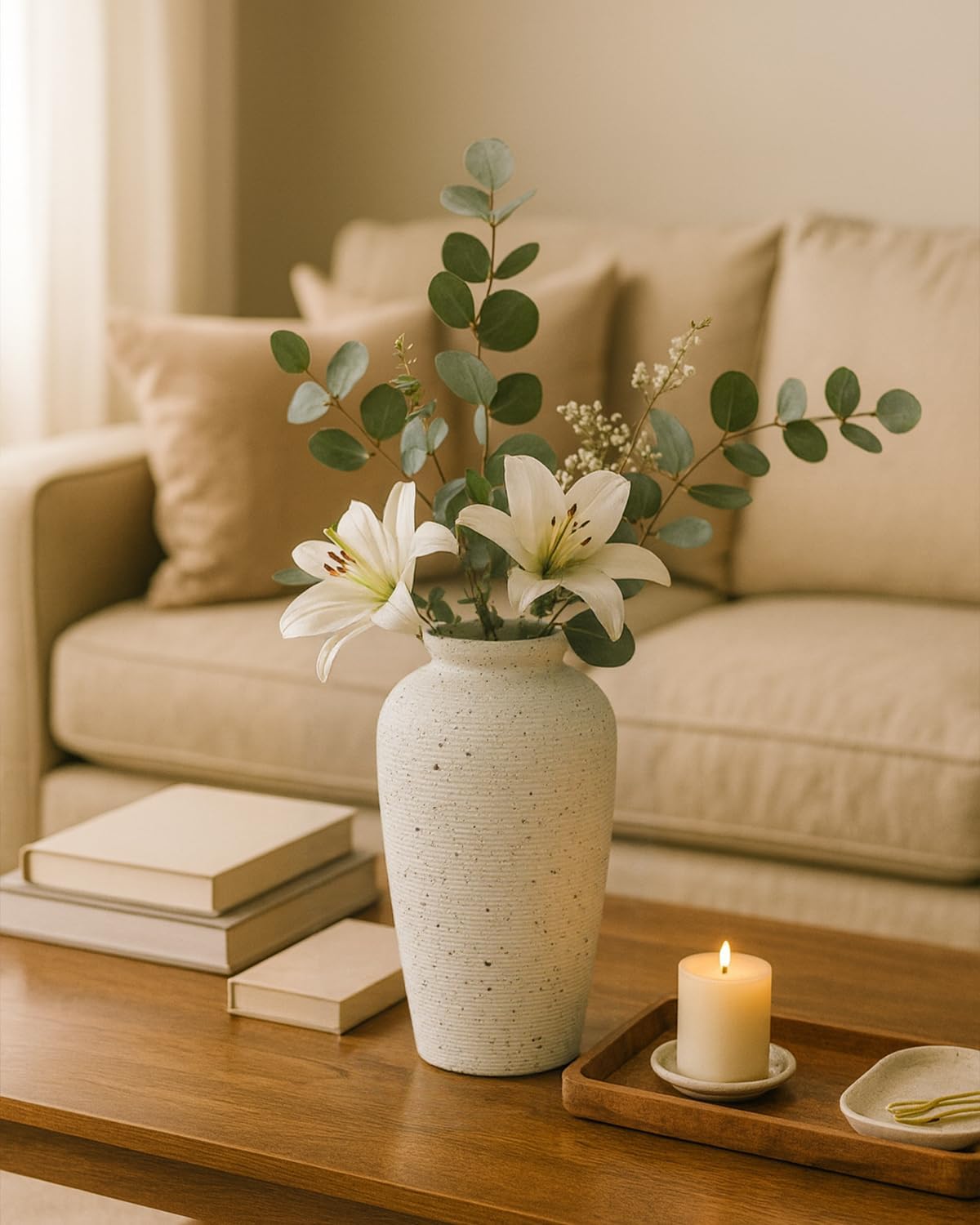 Large Beige Ceramic Vase, 11 Inch Ribbed Speckled Rustic Vase for Decor