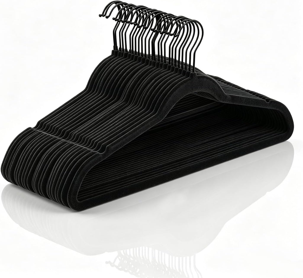 Black Velvet Hanger 60 Pack, Non Slip Clothes Felt Hanger, Heavy Duty Velvet Coats Hangers, Premium 0.2 Inch Slim Space Saving Suit Hangers for Closet Organizer, 360° Rotating Black Hook