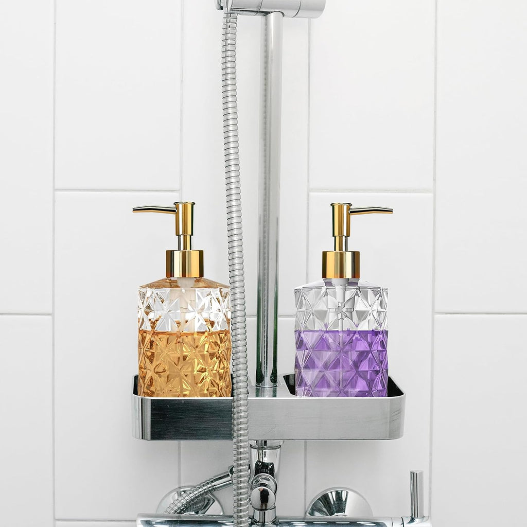 Crystal Glass Soap Dispenser, 330ml/12oz. Clear Glass Lotion Soap Dispenser with Gold Pump, Crystal Design Reusable Hand Soap Dispenser for Kitchen Dish Soap, Shower Gel, Shampoo(4 Pack)