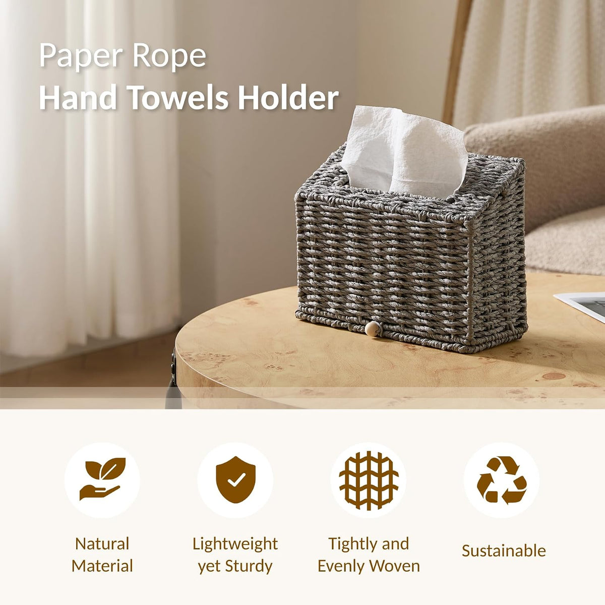 Hand Towel Box Cover, Designed for Kleenex Disposable Hand Towels, Paper Rope Tissue Box for Bathroom, Powder Room, Bedroom (Grey)