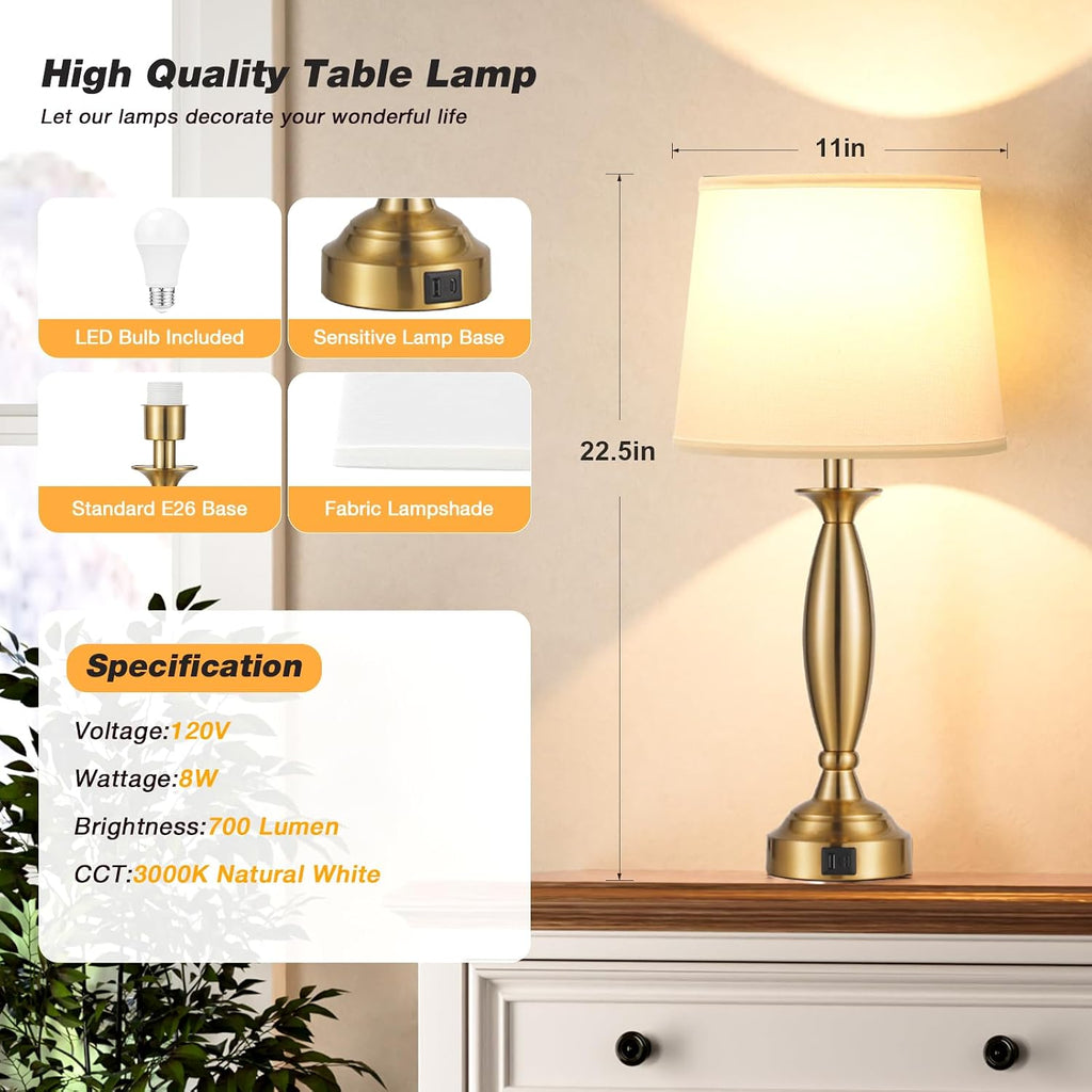 Bedroom Lamps for Nightstand, 3 Way Dimmable Gold Bedside Lamps with USB