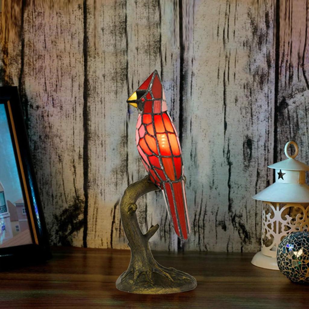 A0011 Cardinal Tiffany Style Table Lamp Handmade Stained Glass Red Bird Lamp in Height 14.5" Overall for Bedside Livingroom Bedroom Home, Memorial Gifts, LED Bulb Included (Red Cardinal)