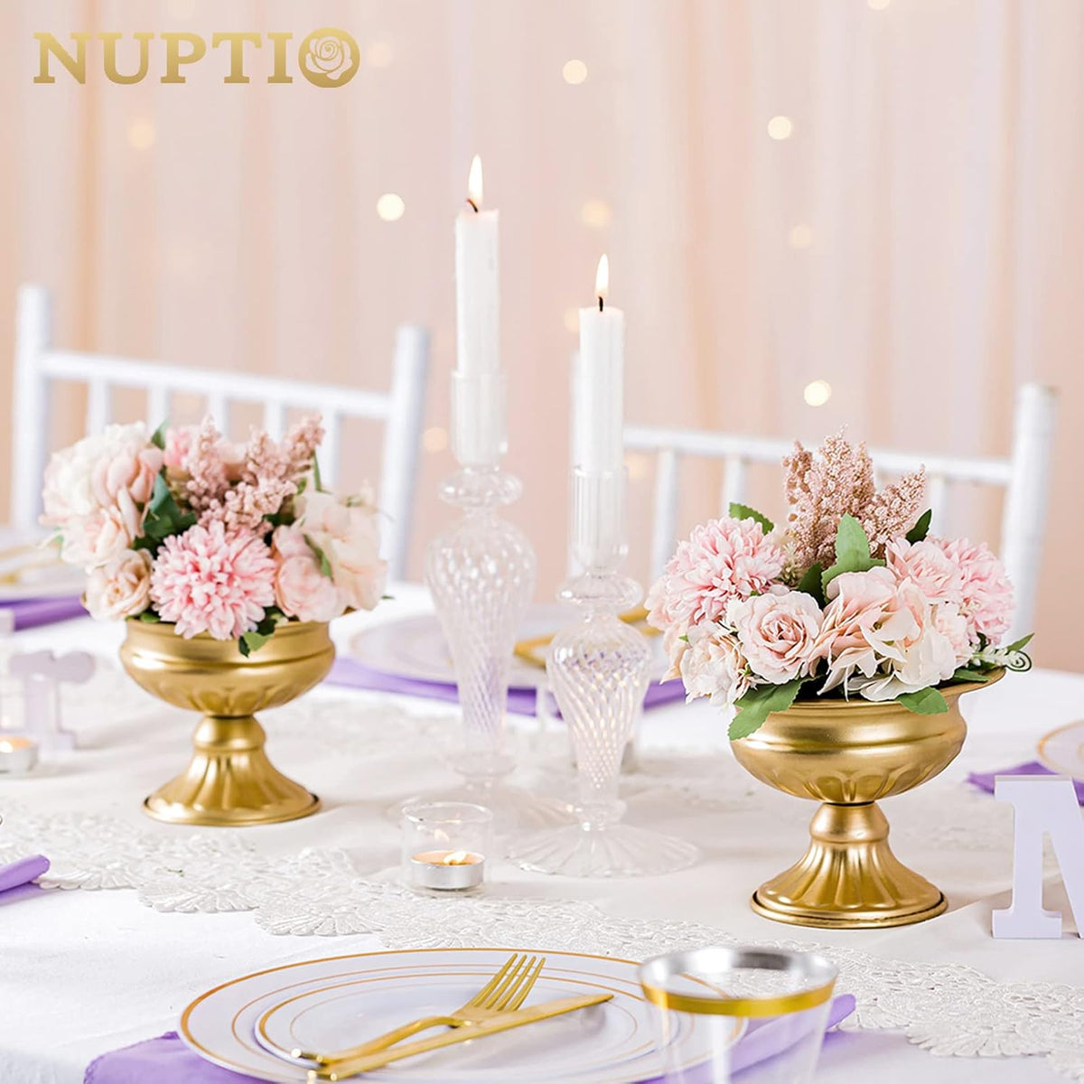 NUPTIO Gold Compote Vase Centerpiece: Metal Urn Planter, 4.96" Tall, 2 Pcs
