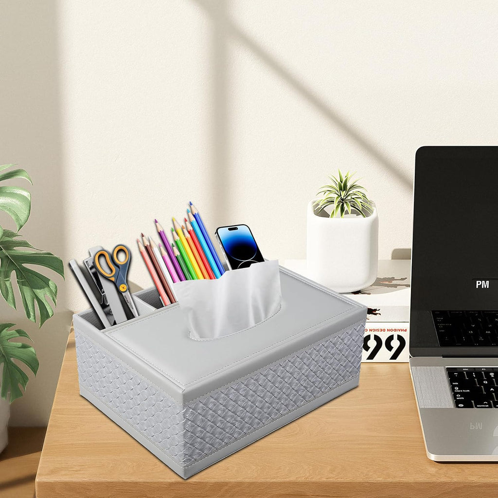 Tissue Box Cover Rectangle White Kleenex Box Holder PU Leather Facial Tissue Organizer,Multifunctional Remote Control Stationery Storage Box,Home Office Supplies Car Napkin Caddy